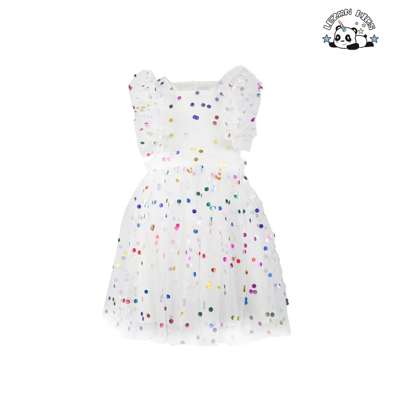 LEZONKIDS - Vestidos de Tule de Alta Qualidade com Estampa de Folha de Arco-Íris e Manga com Babado para Crianças e Meninas